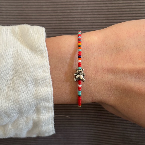 Jewelry - Colorful Red Beaded Bracelet with Silver Teddy Charm - Women Jewelry